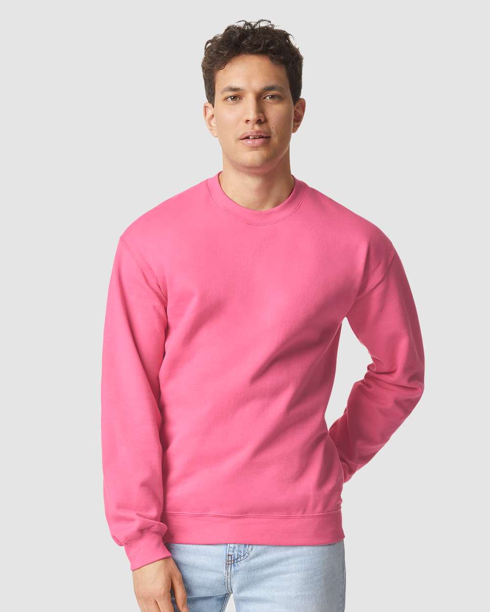 Gildan SF000 Unisex Softstyle® Midweight Crewneck Sweatshirt - Pink Lemonade - On Model Front