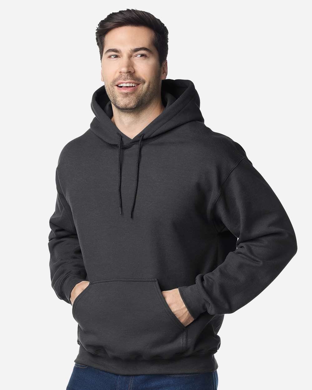Gildan 18500 Unisex Heavy Blend™ Hooded Sweatshirt - Fan Charcoal Heather - On Model Front