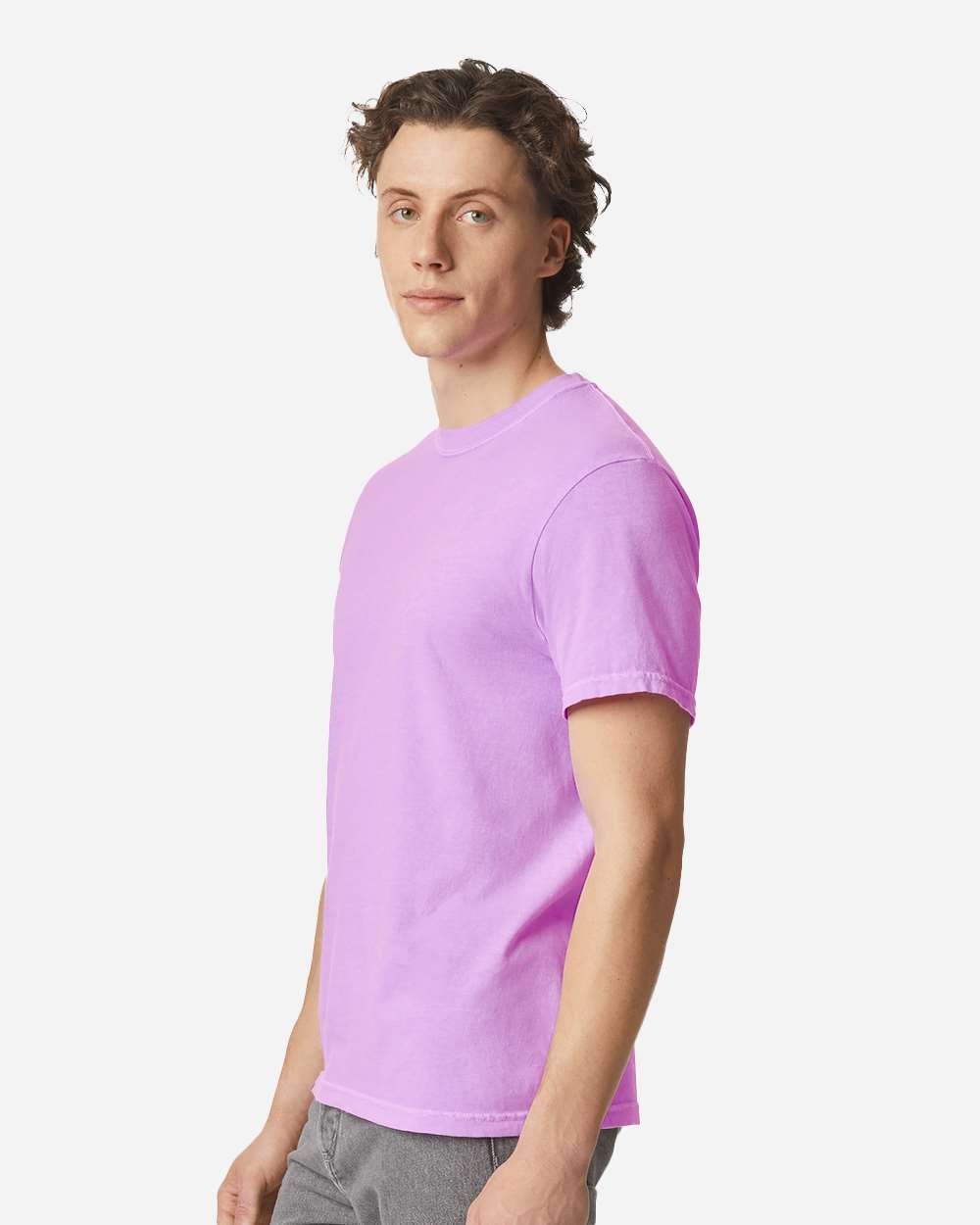 Comfort Colors 1717 Unisex Garment-Dyed Heavyweight T-Shirt - Neon Violet - On Model Side