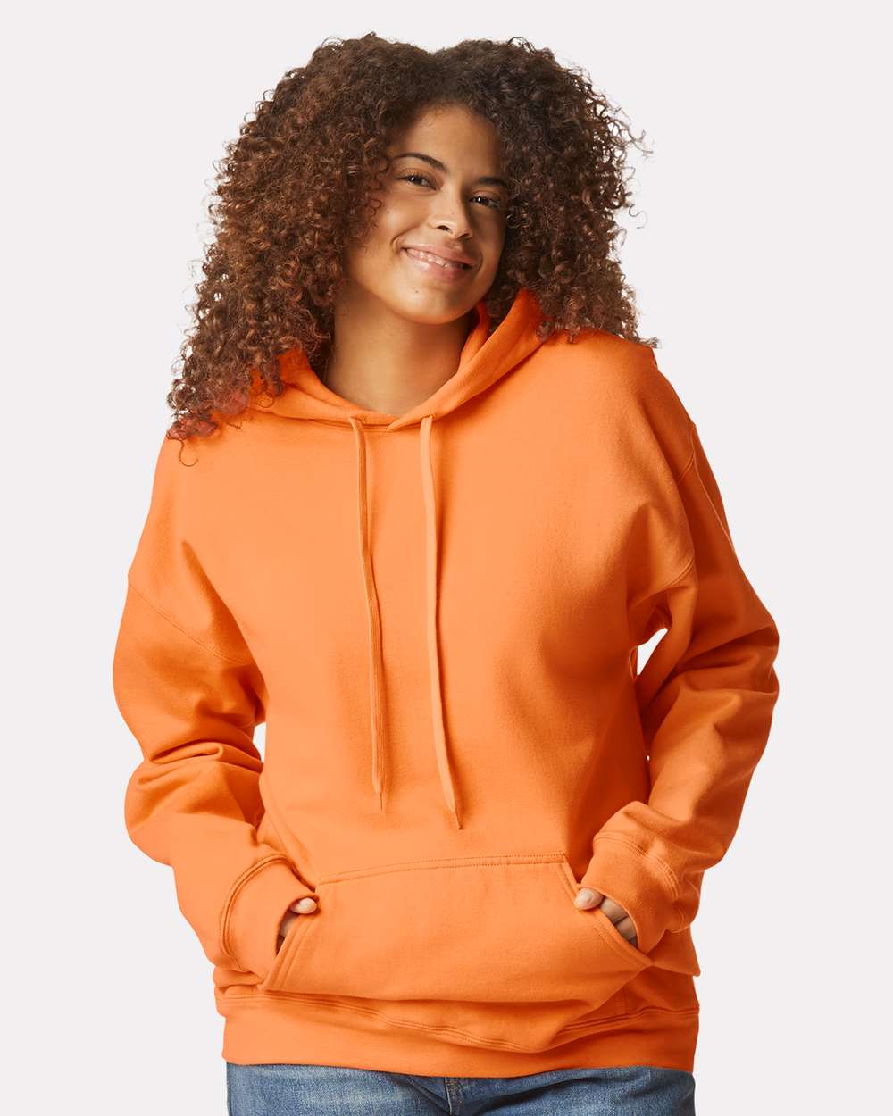 Gildan SF500 Unisex Softstyle® Midweight Hooded Sweatshirt - Tangerine - On Model Front