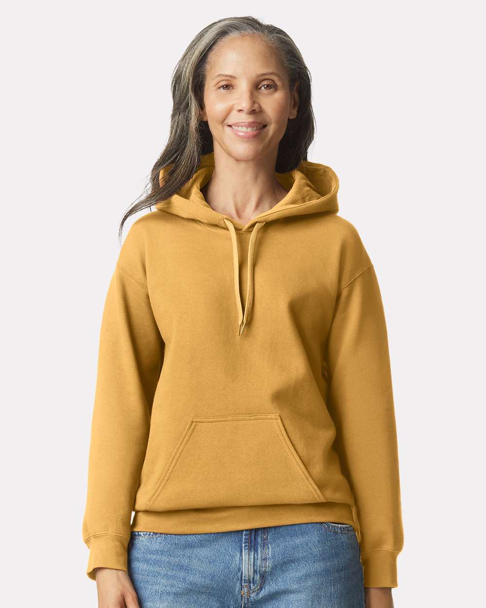 Gildan SF500 Unisex Softstyle® Midweight Hooded Sweatshirt - Mustard - On Model Front