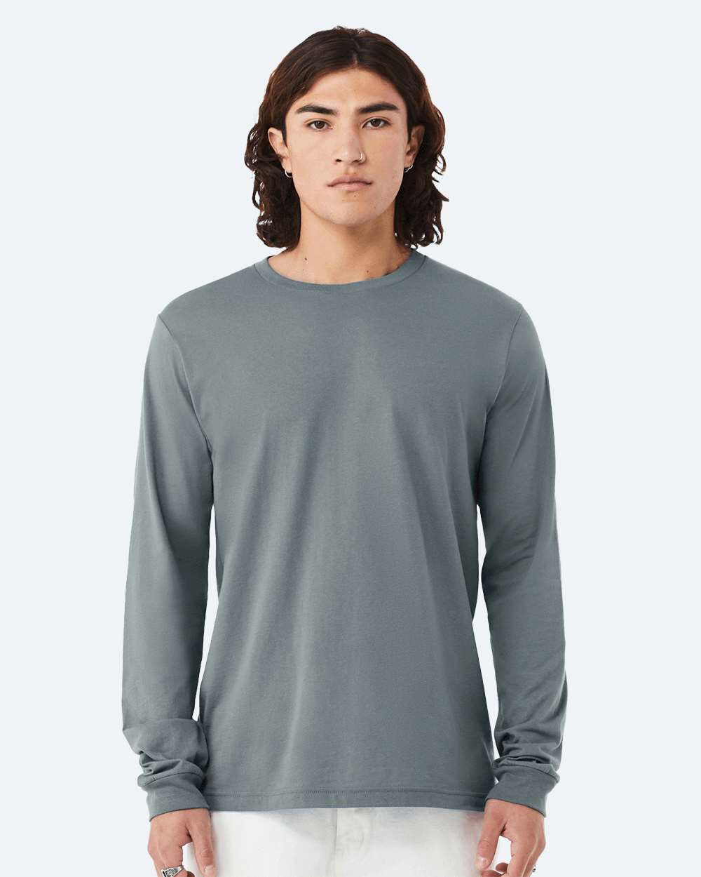 BELLA + CANVAS 3501 Unisex Jersey Long Sleeve Tee - Blue Storm - On Model Front