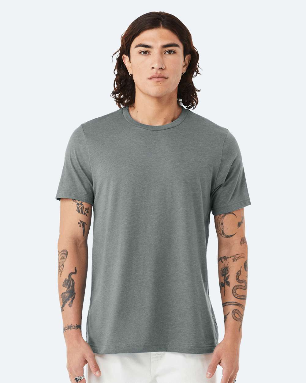 BELLA + CANVAS 3001CVC CVC Jersey Tee - Heather Blue Storm - On Model Front