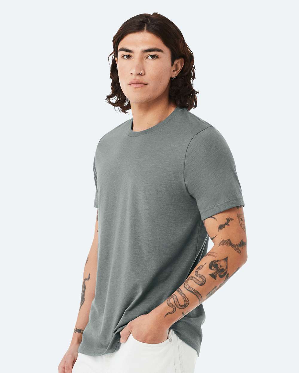 BELLA + CANVAS 3001CVC CVC Jersey Tee - Heather Blue Storm - On Model Side