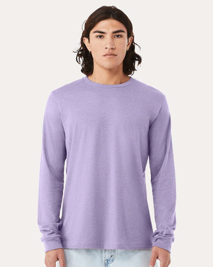 BELLA + CANVAS 3501CVC Heather CVC Long Sleeve Tee - Heather Dark Lavender - On Model Front