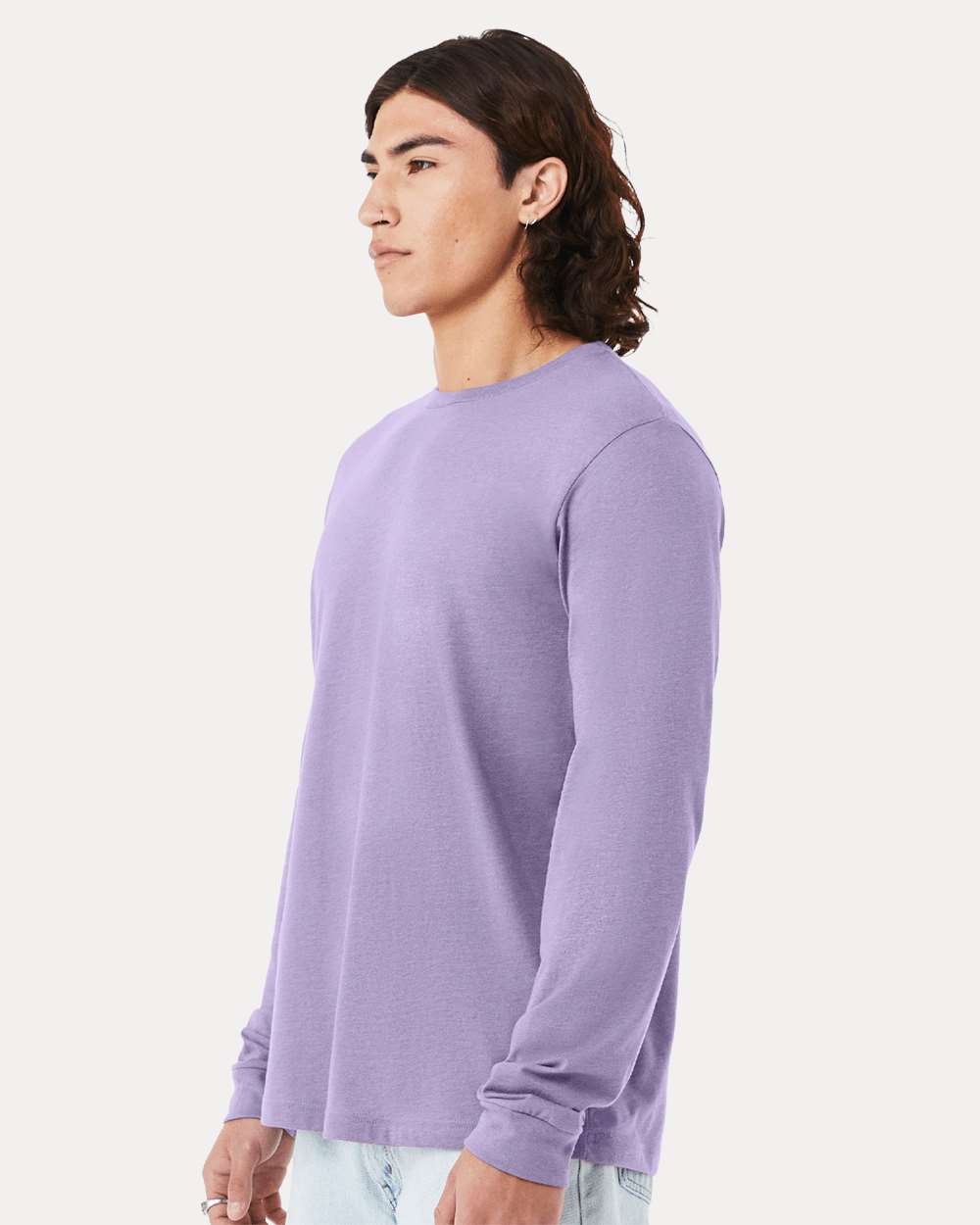 BELLA + CANVAS 3501CVC Heather CVC Long Sleeve Tee - Heather Dark Lavender - On Model Side