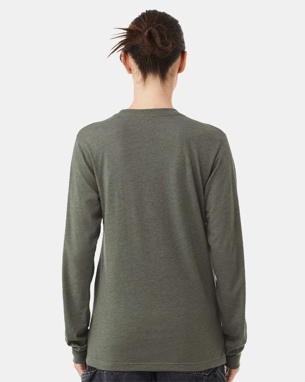 BELLA + CANVAS 3501CVC Heather CVC Long Sleeve Tee - Heather Military Green - On Model Back