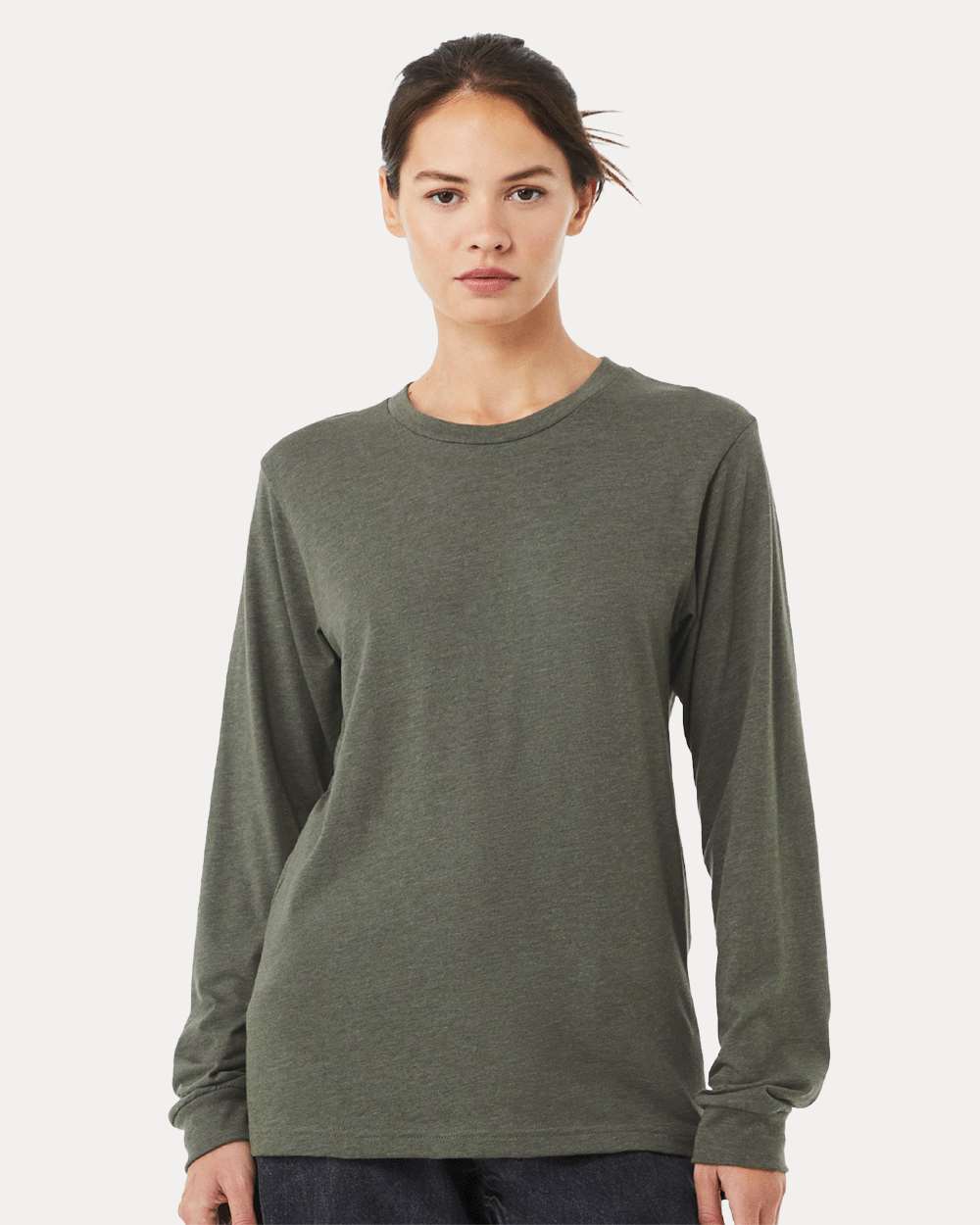 BELLA + CANVAS 3501CVC Heather CVC Long Sleeve Tee - Heather Military Green - On Model Front