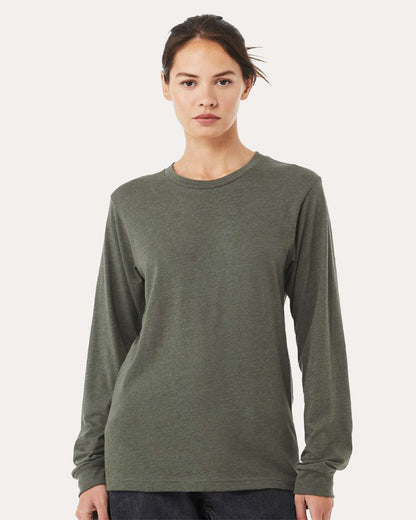 BELLA + CANVAS 3501CVC Heather CVC Long Sleeve Tee - Heather Military Green - On Model Front