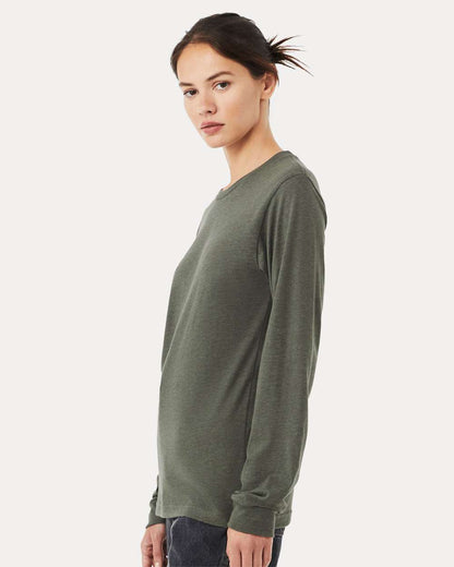 BELLA + CANVAS 3501CVC Heather CVC Long Sleeve Tee - Heather Military Green - On Model Side