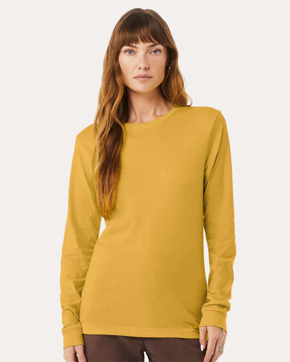BELLA + CANVAS 3501CVC Heather CVC Long Sleeve Tee - Heather Mustard - On Model Front