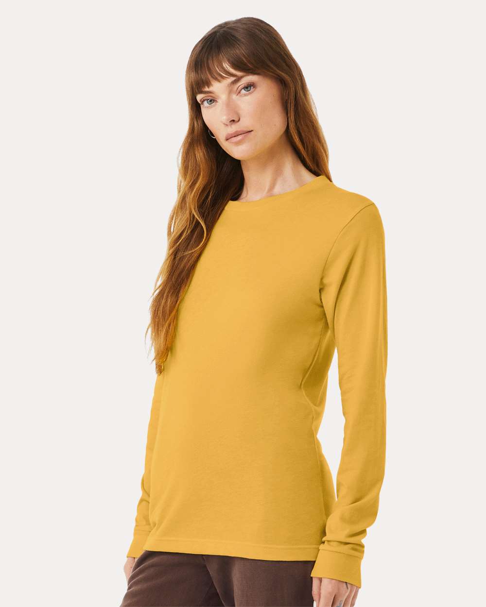 BELLA + CANVAS 3501CVC Heather CVC Long Sleeve Tee - Heather Mustard - On Model Side