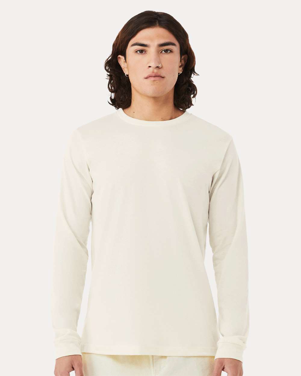 BELLA + CANVAS 3501CVC Heather CVC Long Sleeve Tee - Heather Natural - On Model Front