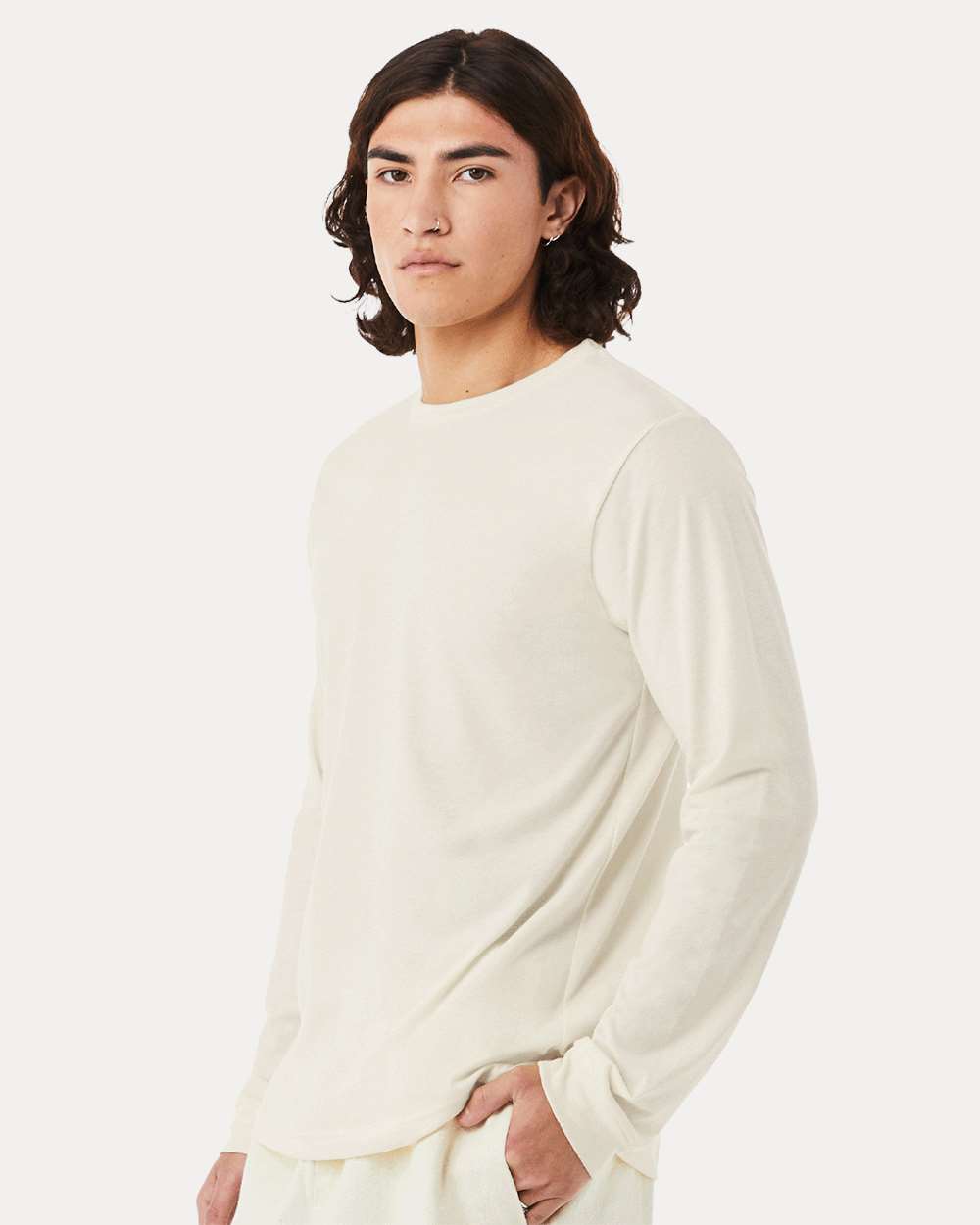 BELLA + CANVAS 3501CVC Heather CVC Long Sleeve Tee - Heather Natural - On Model Side