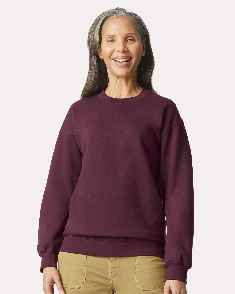 Gildan SF000 Unisex Softstyle® Midweight Crewneck Sweatshirt - Maroon - On Model Front