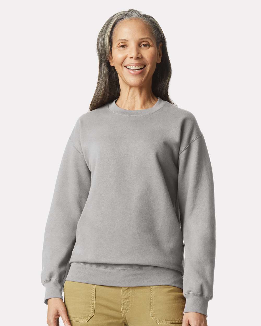 Gildan SF000 Unisex Softstyle® Midweight Crewneck Sweatshirt - Cement - On Model Front