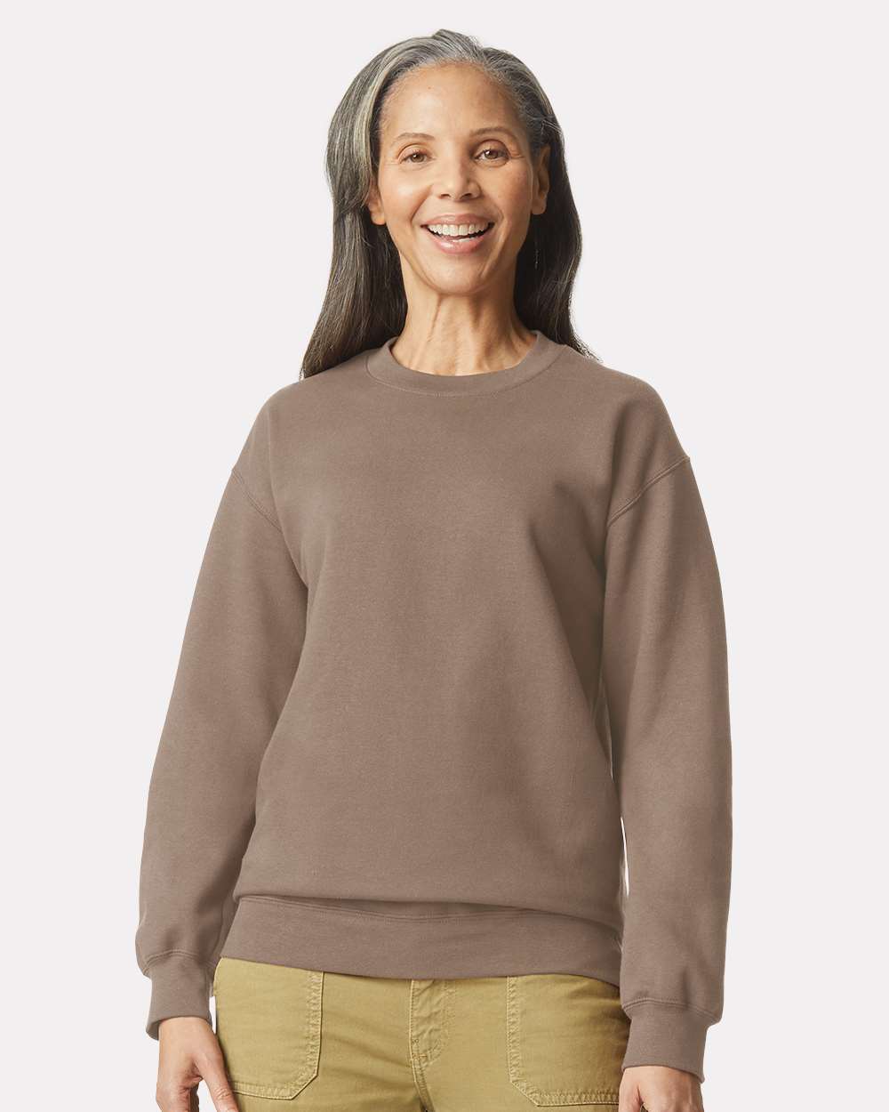 Gildan SF000 Unisex Softstyle® Midweight Crewneck Sweatshirt - Brown Savana - On Model Front