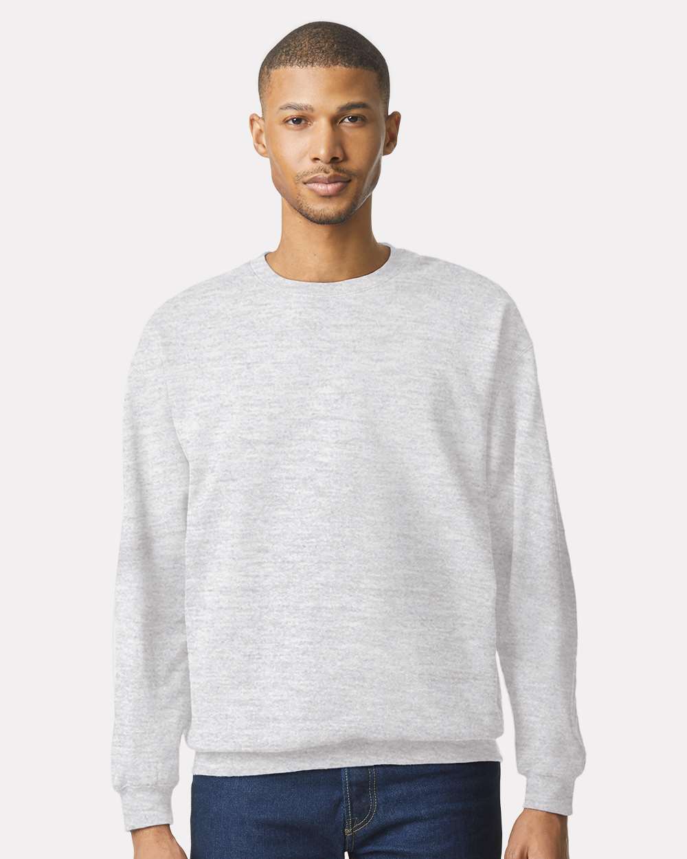 Gildan SF000 Unisex Softstyle® Midweight Crewneck Sweatshirt - Ash - On Model Front