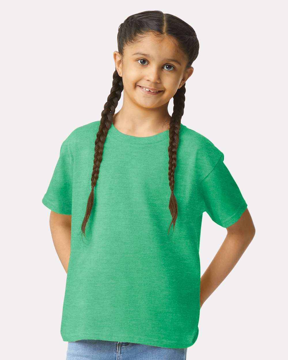 Gildan 64000B Youth Softstyle® T-Shirt - Heather Irish Green - On Model Front
