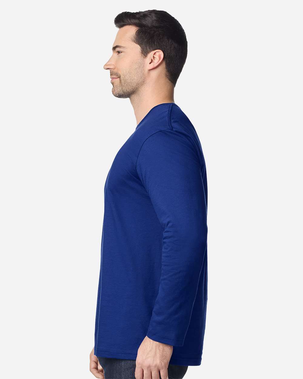 Gildan 64400 Unisex Softstyle® Long Sleeve T-Shirt - Fan Deep Royal - On Model Side