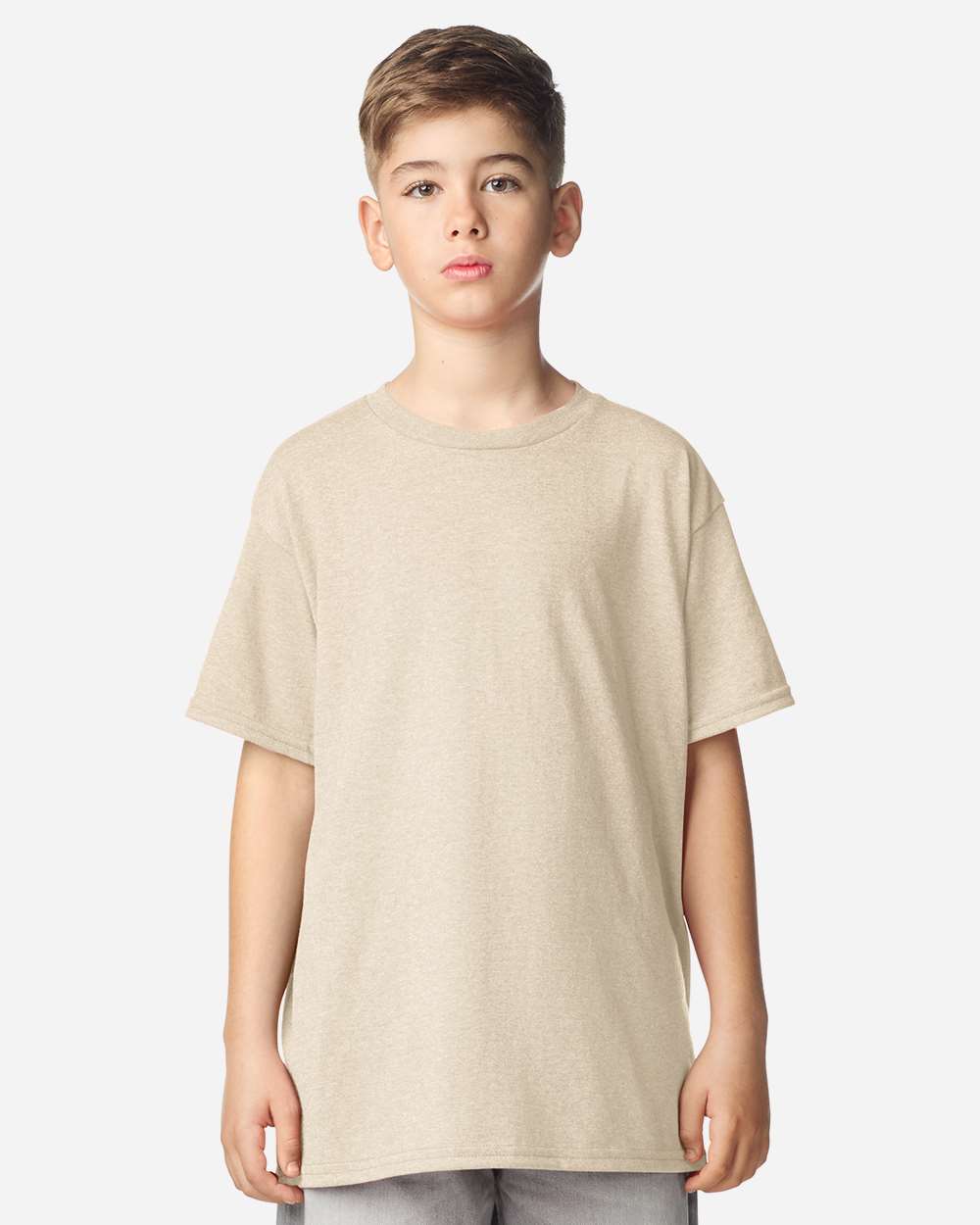 Gildan 64000B Youth Softstyle® T-Shirt - Heather Oatmeal - On Model Front