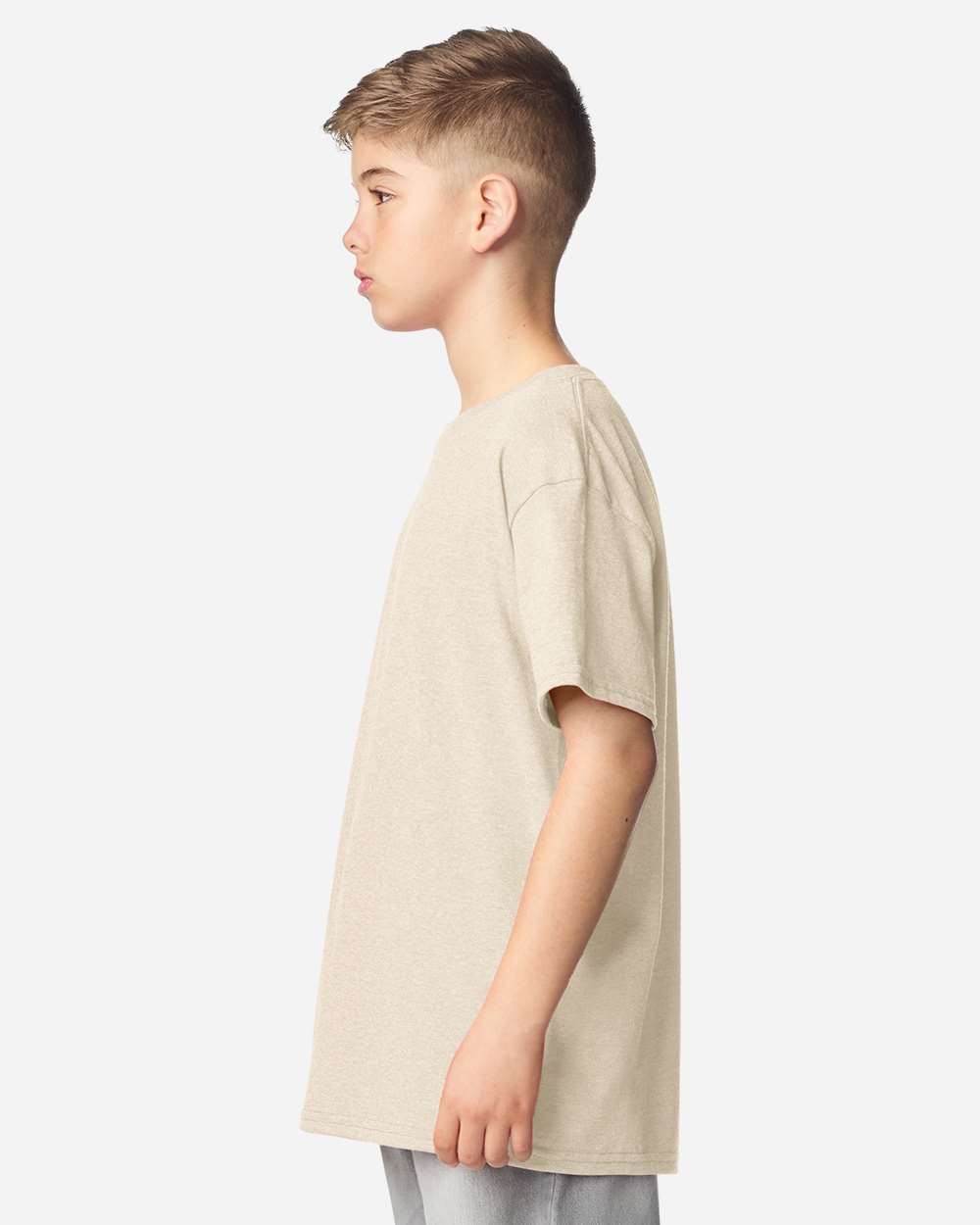 Gildan 64000B Youth Softstyle® T-Shirt - Heather Oatmeal - On Model Side