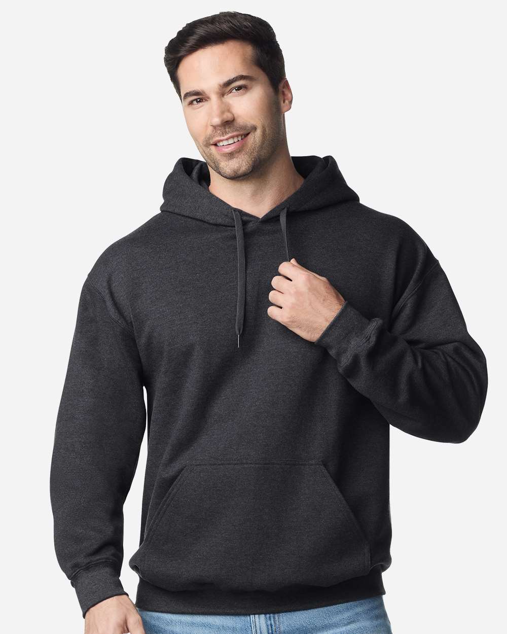 Gildan SF500 Unisex Softstyle® Midweight Hooded Sweatshirt - Heather Black - On Model Front