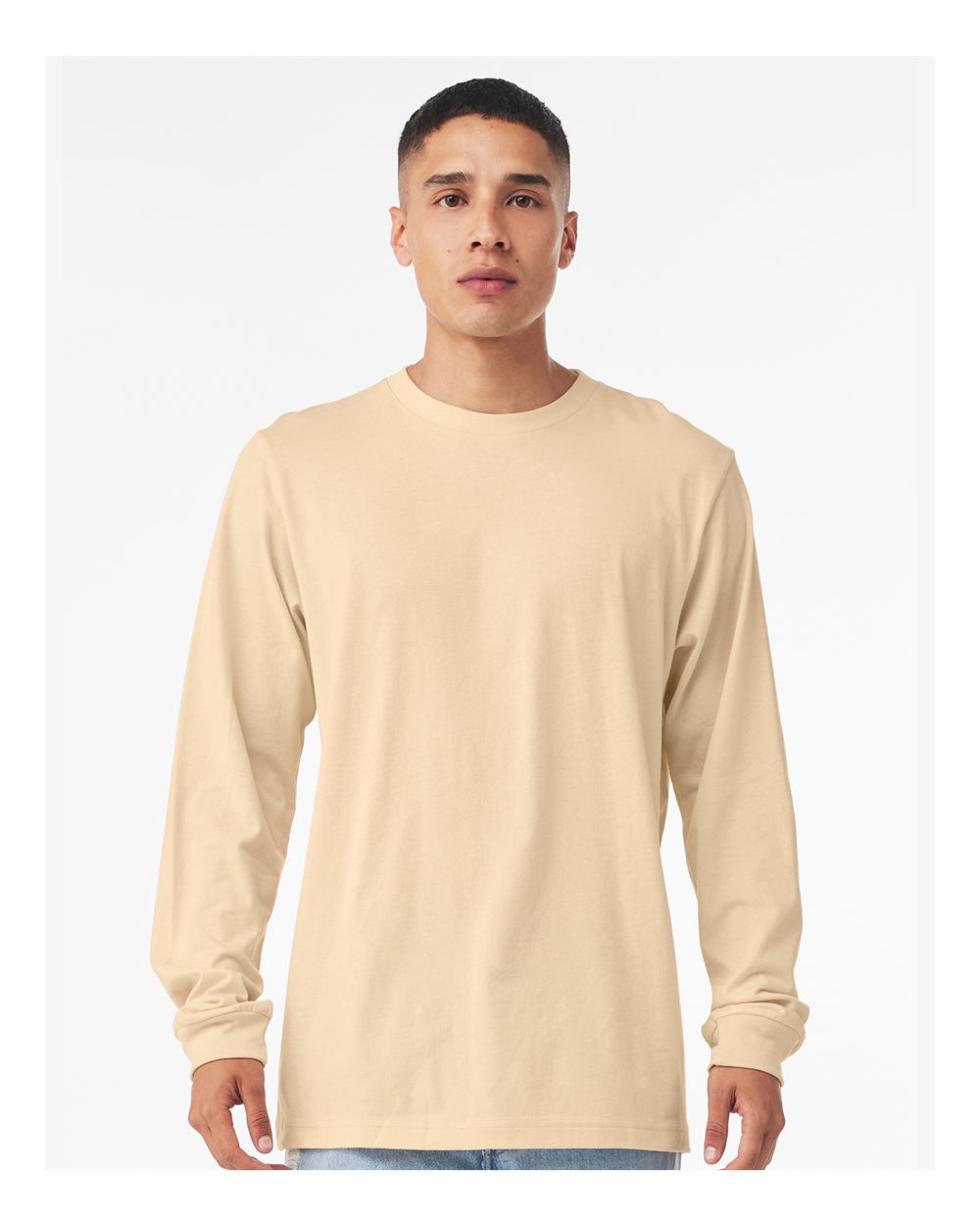 BELLA + CANVAS 3501 Unisex Jersey Long Sleeve Tee - Soft Cream - On Model Front
