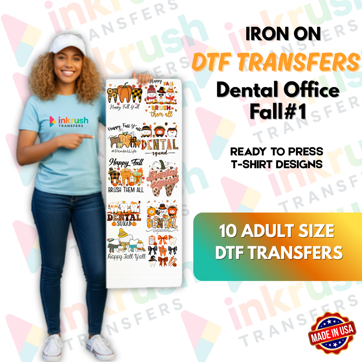 Dental Office Fall Bundle #1 – Autumn Smiles (22″ Gang Sheet, 10 Transfers)
