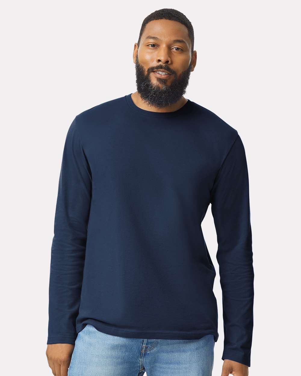 Gildan 64400 Unisex Softstyle® Long Sleeve T-Shirt - Navy - On Model Front