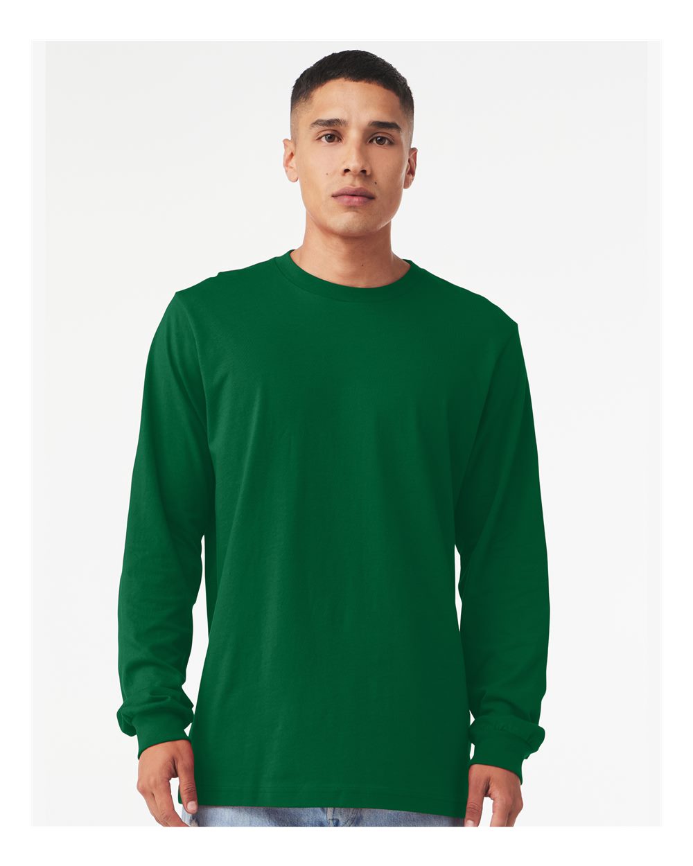 BELLA + CANVAS 3501 Unisex Jersey Long Sleeve Tee - Kelly - On Model Front