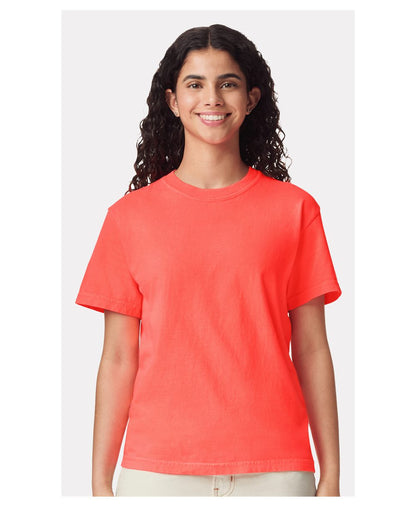 Comfort Colors 1717 Unisex Garment-Dyed Heavyweight T-Shirt - Neon Red Orange - On Model Front