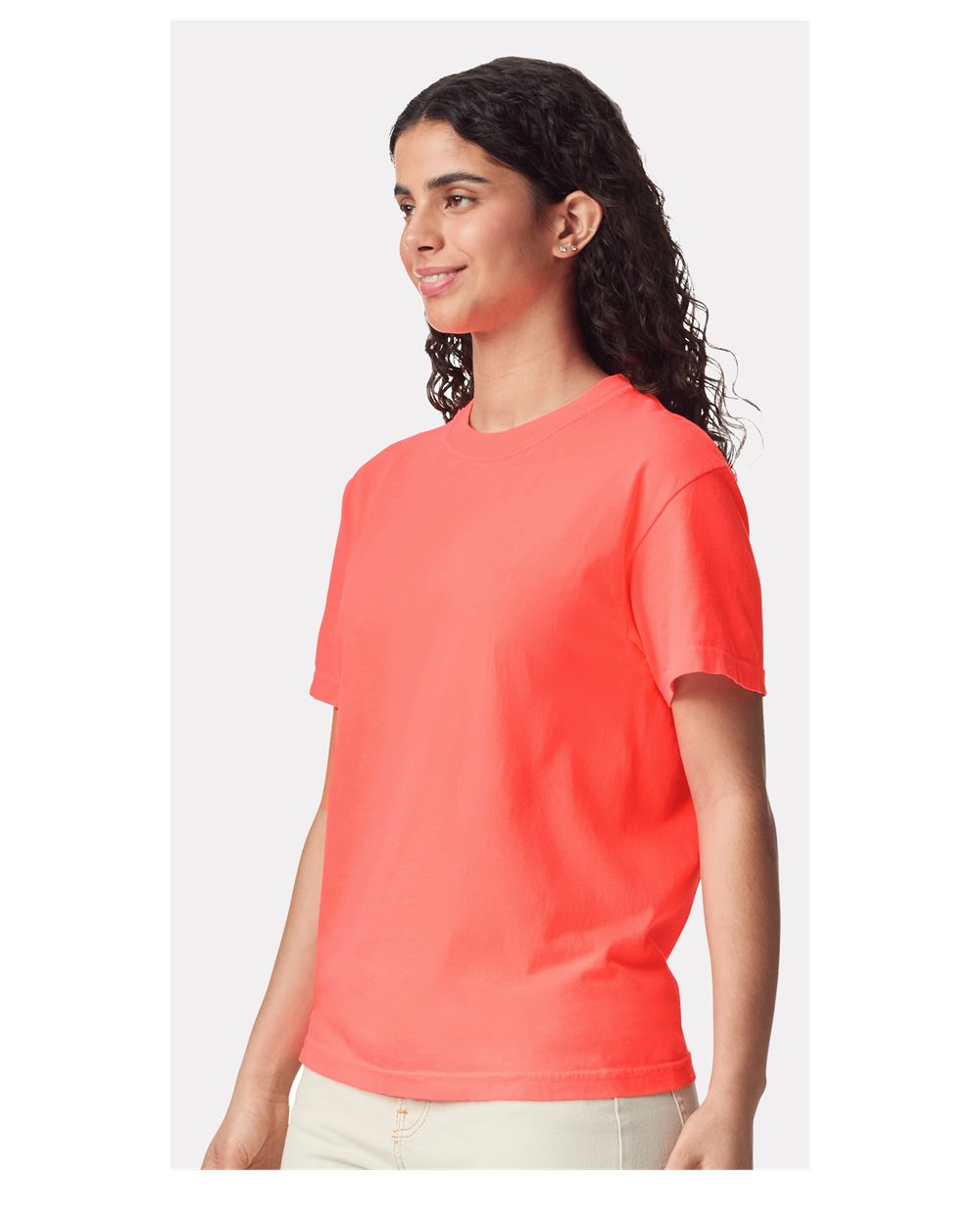 Comfort Colors 1717 Unisex Garment-Dyed Heavyweight T-Shirt - Neon Red Orange - On Model Side