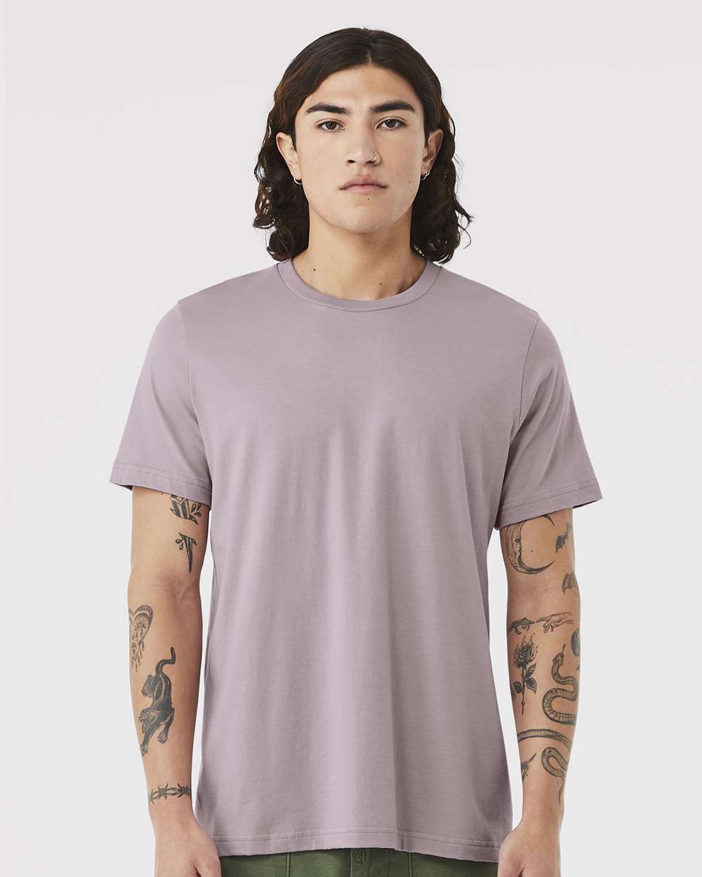 BELLA + CANVAS 3001 Jersey Tee - Pink Gravel - On Model Front