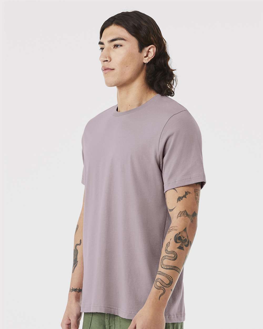 BELLA + CANVAS 3001 Jersey Tee - Pink Gravel - On Model Side