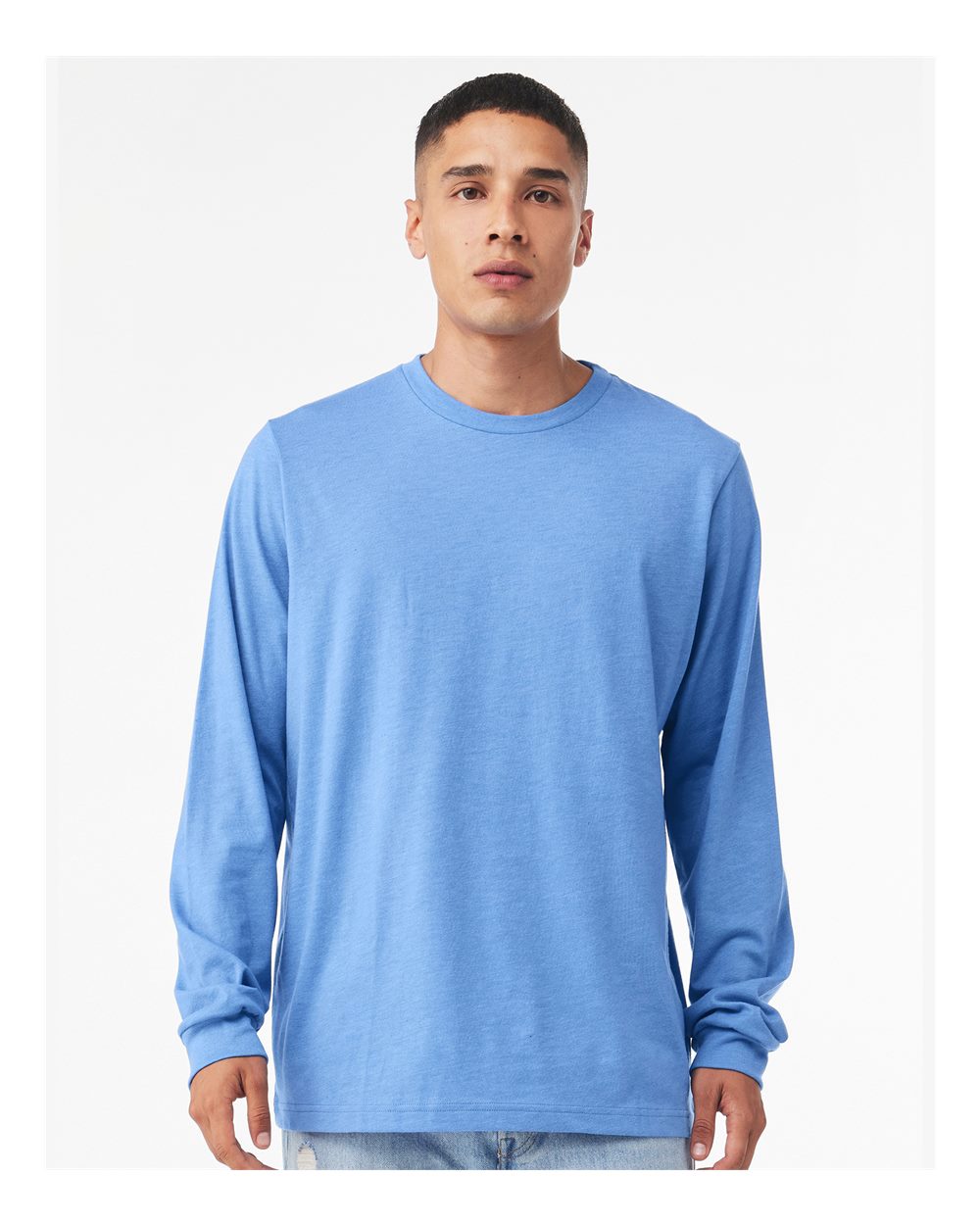 BELLA + CANVAS 3501 Unisex Jersey Long Sleeve Tee - Carolina Blue - On Model Front