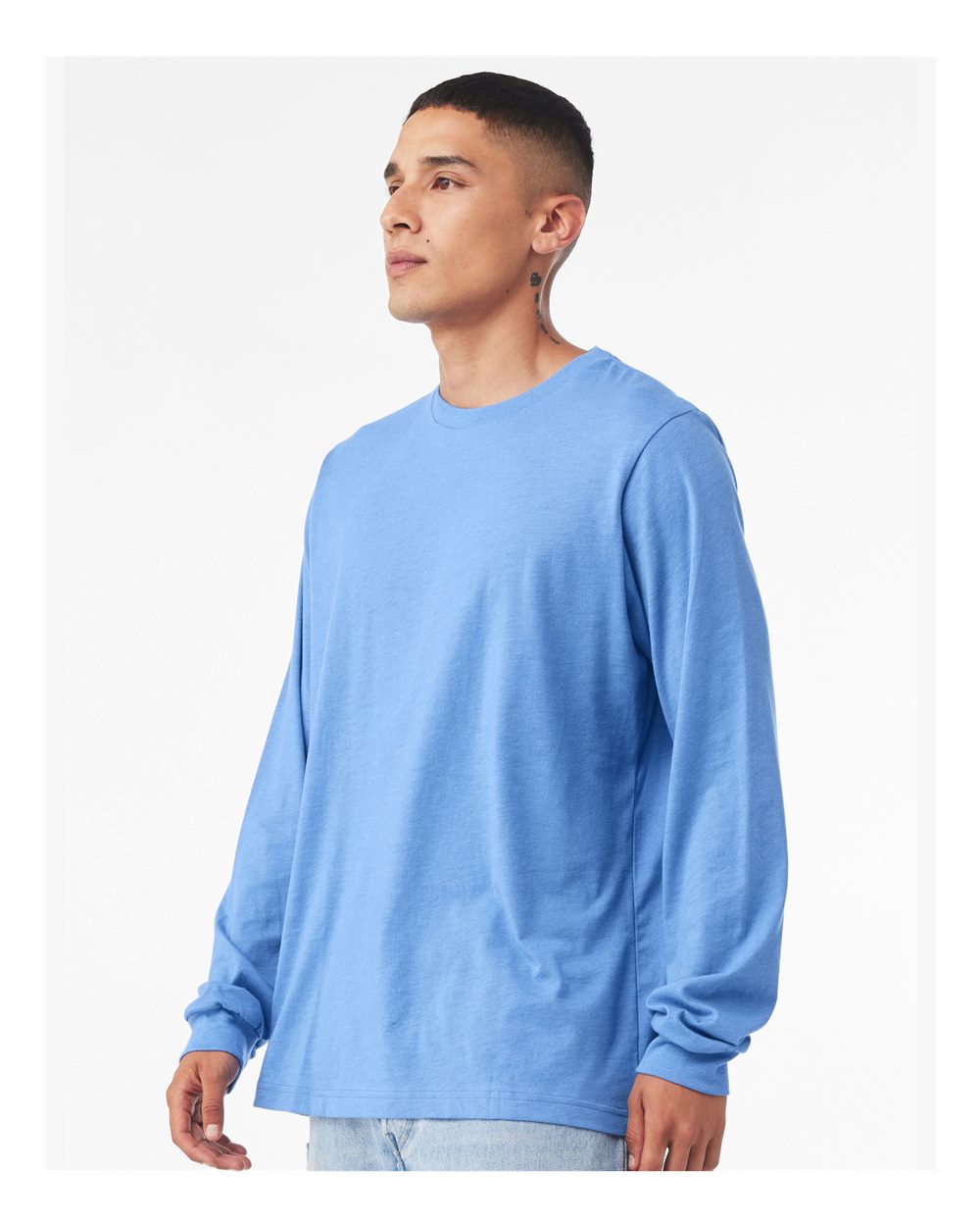 BELLA + CANVAS 3501 Unisex Jersey Long Sleeve Tee - Carolina Blue - On Model Side