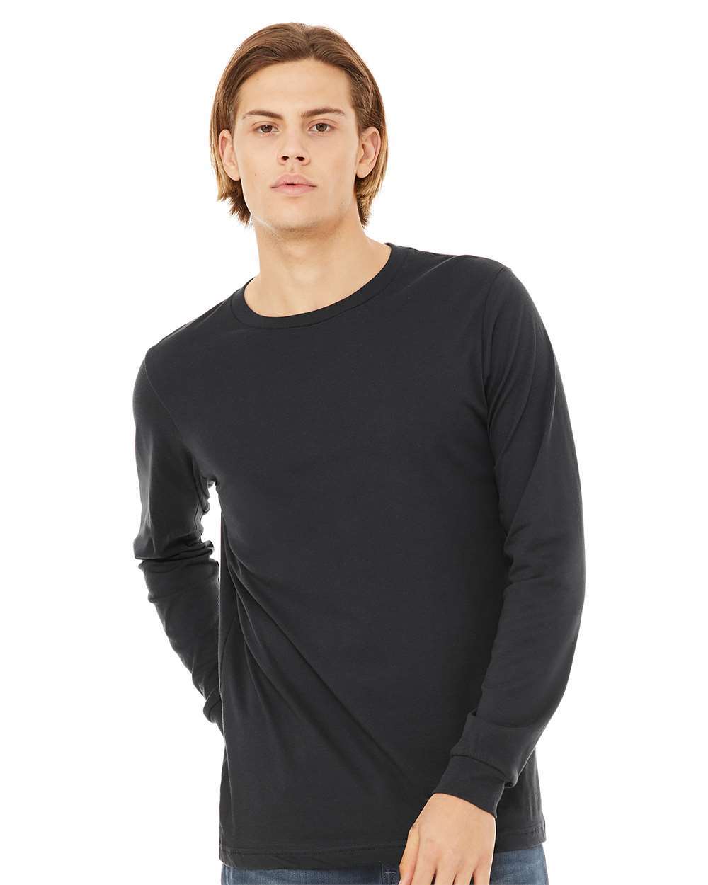 BELLA + CANVAS 3501 Unisex Jersey Long Sleeve Tee - Dark Grey - On Model Front