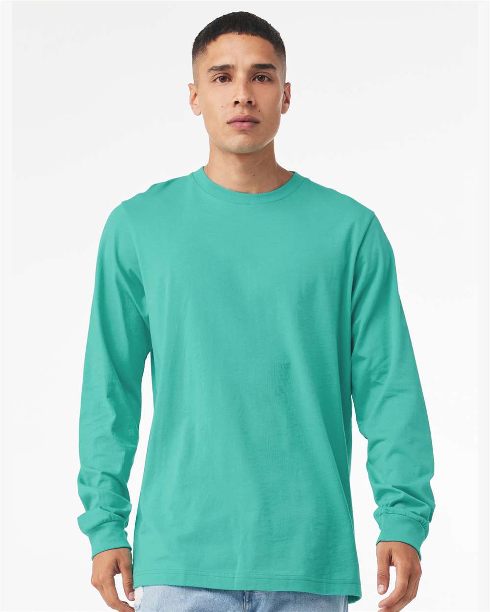 BELLA + CANVAS 3501 Unisex Jersey Long Sleeve Tee - Teal - On Model Front