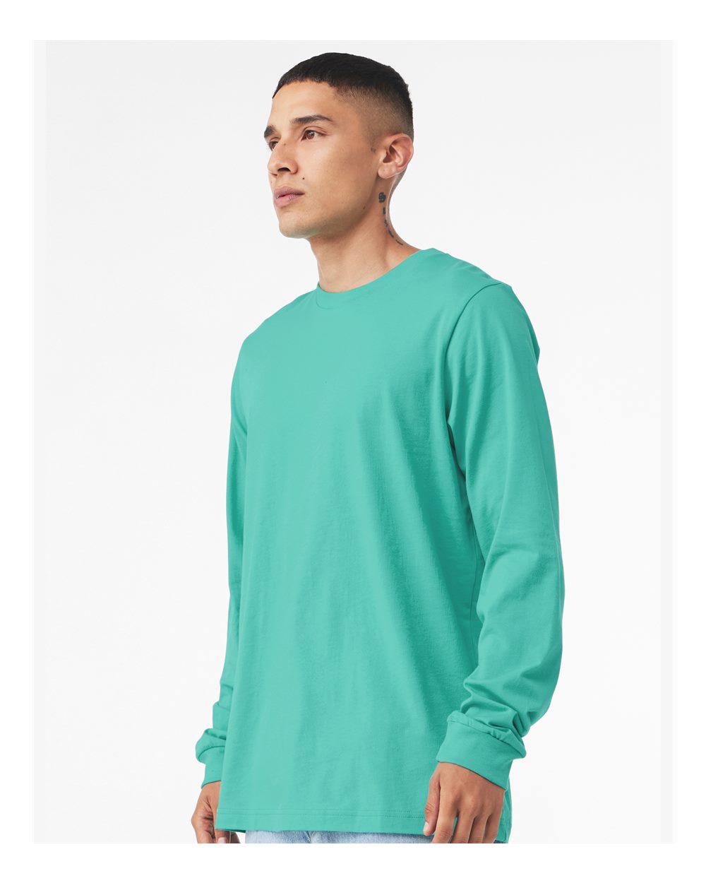 BELLA + CANVAS 3501 Unisex Jersey Long Sleeve Tee - Teal - On Model Side