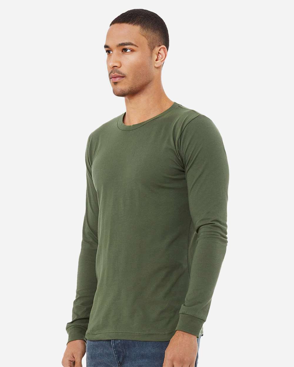 BELLA + CANVAS 3501 Unisex Jersey Long Sleeve Tee - Military Green - On Model Side