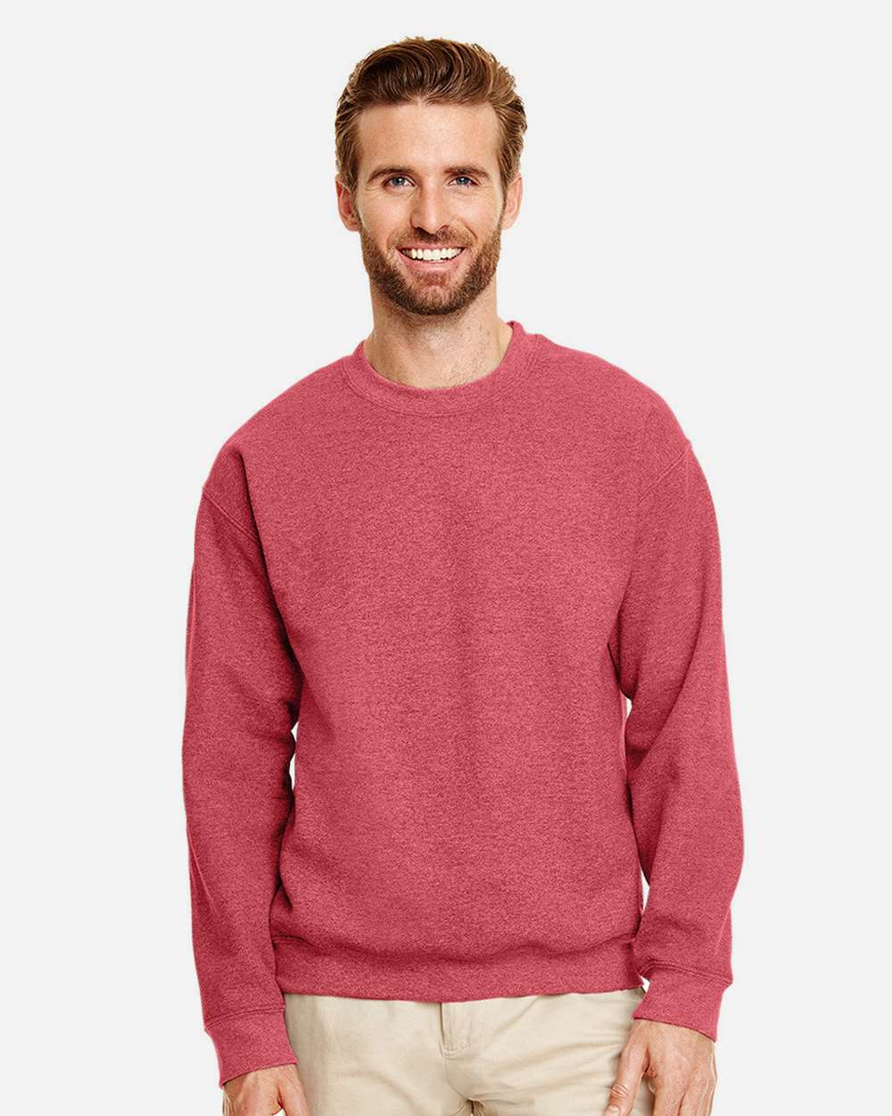 Gildan 18000 Unisex Heavy Blend™ Crewneck Sweatshirt - Heather Scarlet Red - On Model Front