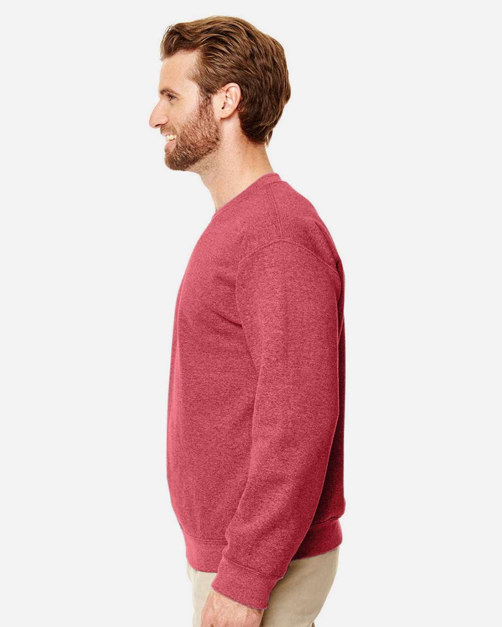 Gildan 18000 Unisex Heavy Blend™ Crewneck Sweatshirt - Heather Scarlet Red - On Model Side