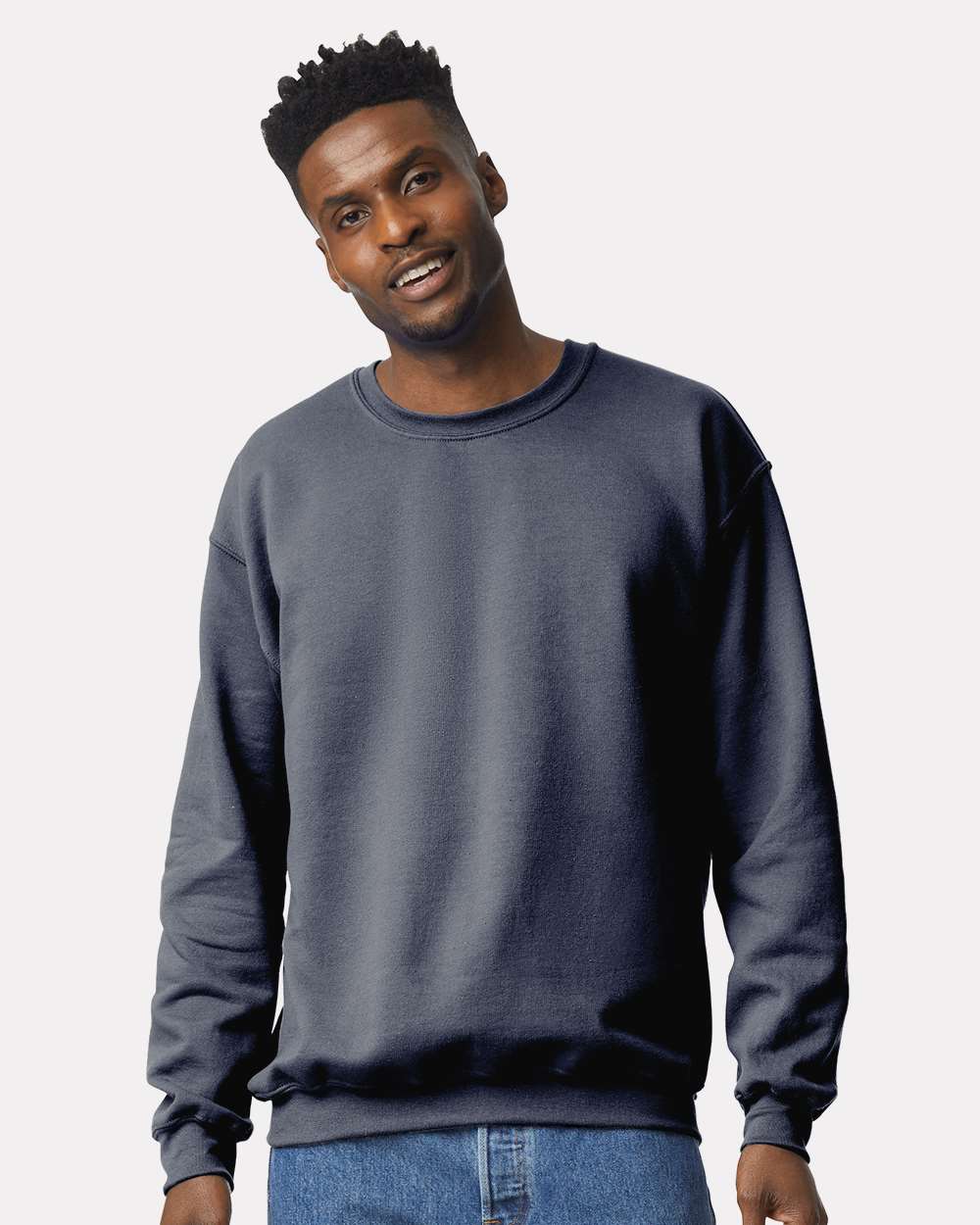 Gildan 18000 Unisex Heavy Blend™ Crewneck Sweatshirt - Heather Dark Navy - On Model Front