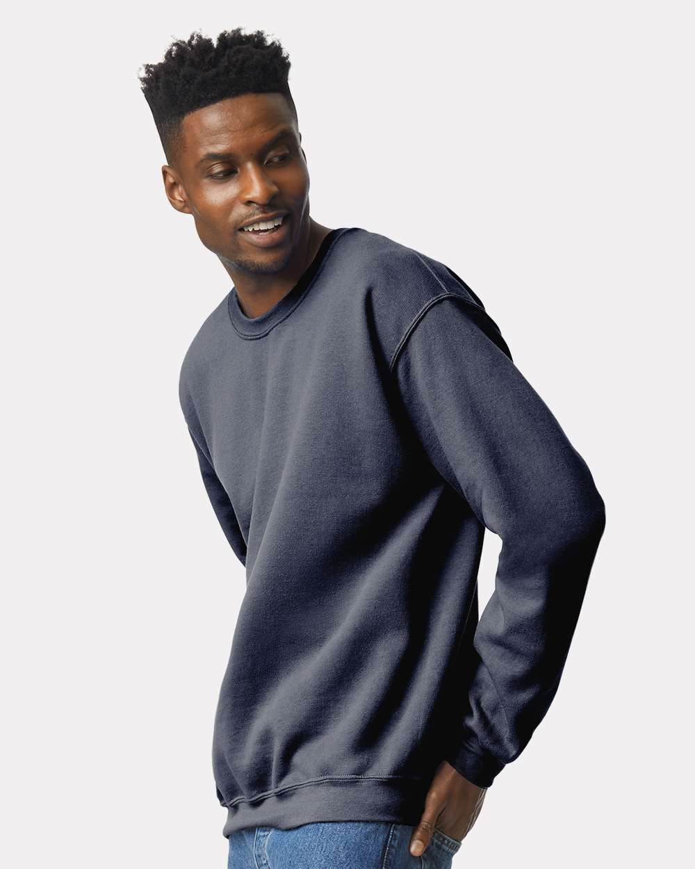 Gildan 18000 Unisex Heavy Blend™ Crewneck Sweatshirt - Heather Dark Navy - On Model Side