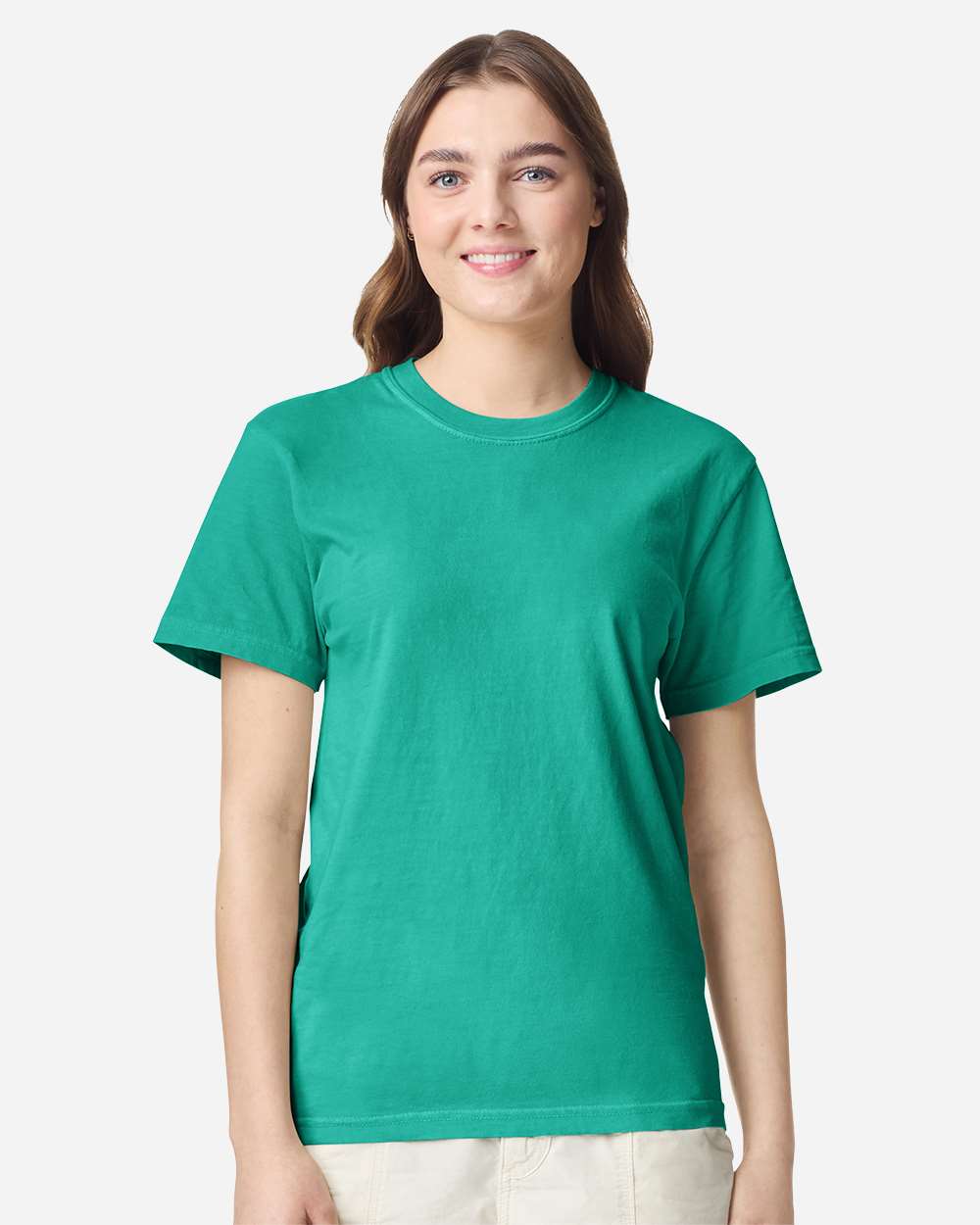 Comfort Colors 1717 Unisex Garment-Dyed Heavyweight T-Shirt - Island Green - On Model Front