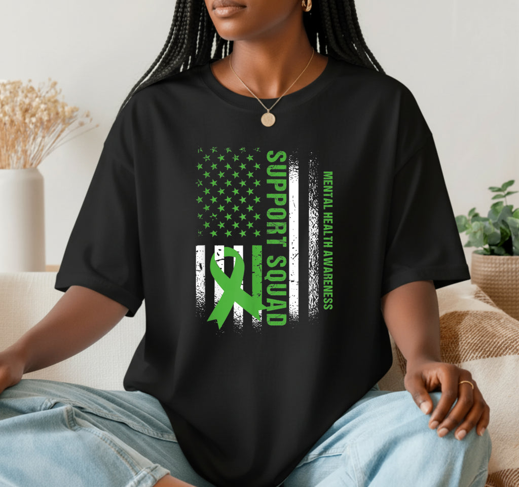 Support Mental Health Squad Green Ribbon US Flag – Mental Health Awareness DTF Transfer