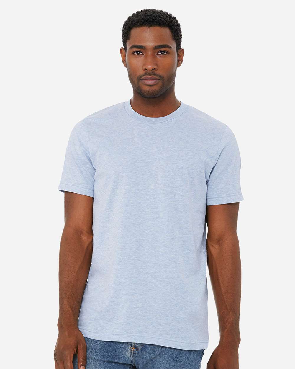 BELLA + CANVAS 3001CVC CVC Jersey Tee - Heather Prism Blue - On Model Front