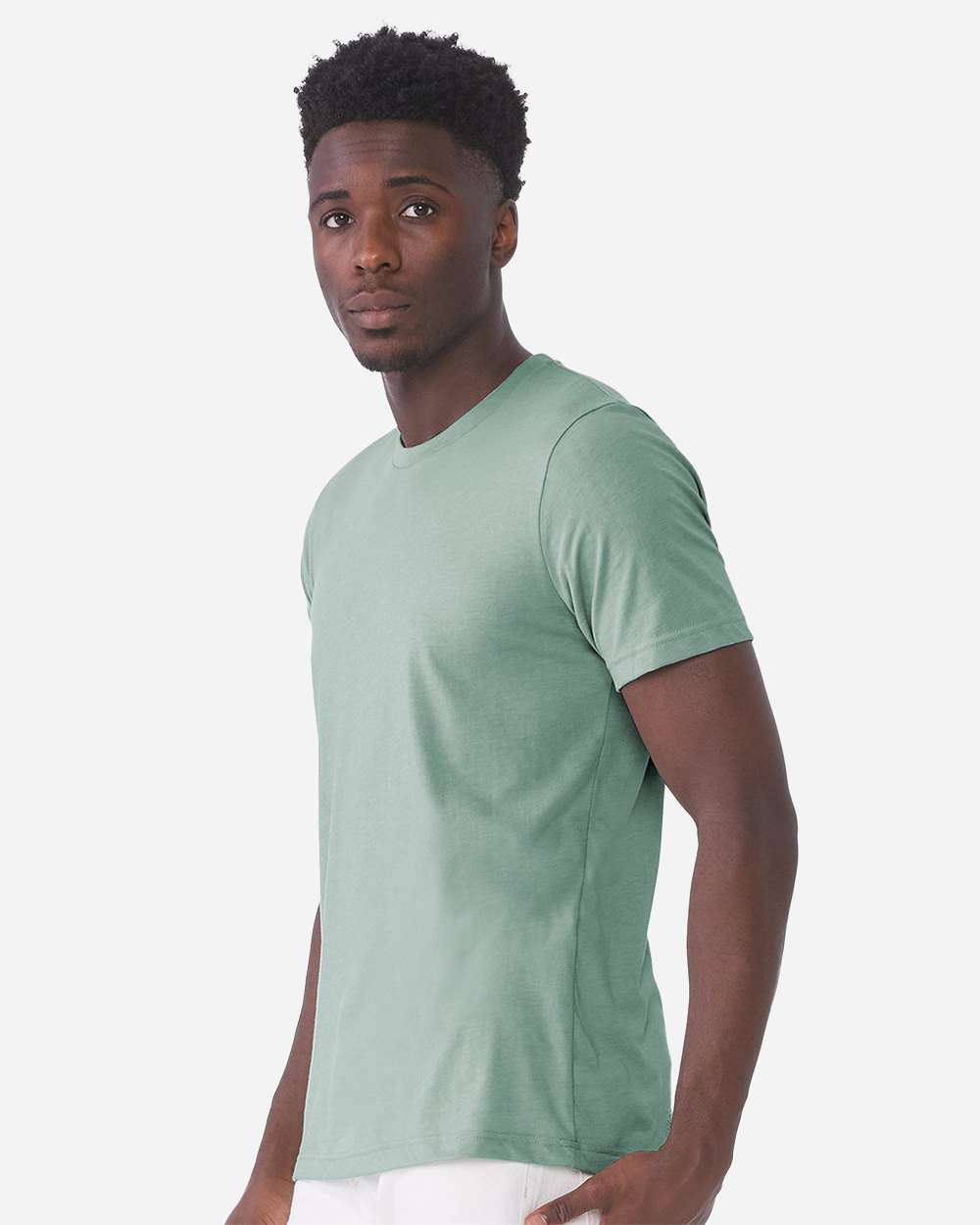BELLA + CANVAS 3001CVC CVC Jersey Tee - Heather Dusty Blue - On Model Side