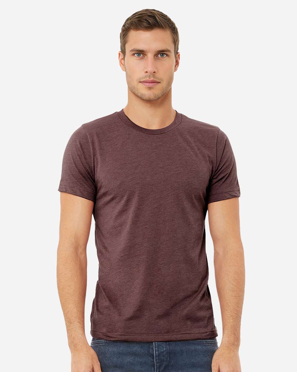 BELLA + CANVAS 3001CVC CVC Jersey Tee - Heather Maroon - On Model Front